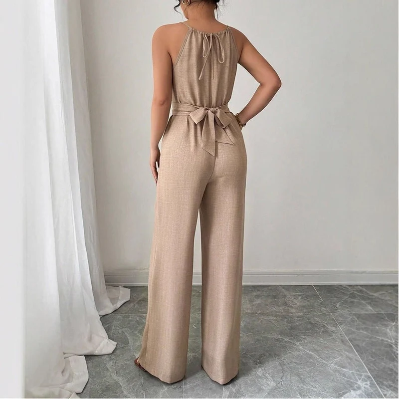 Cinched Waist Tie Up Halter Neck Off Shoulder Jumpsuit - Image 5