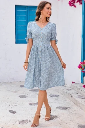 Floral V-neck Puff-Sleeve Bow