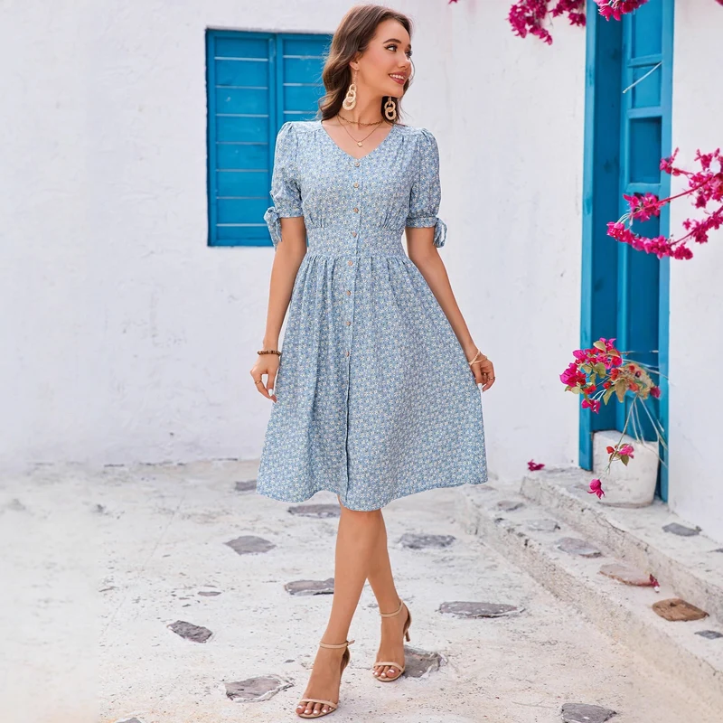 Floral V-neck Puff-Sleeve Bow