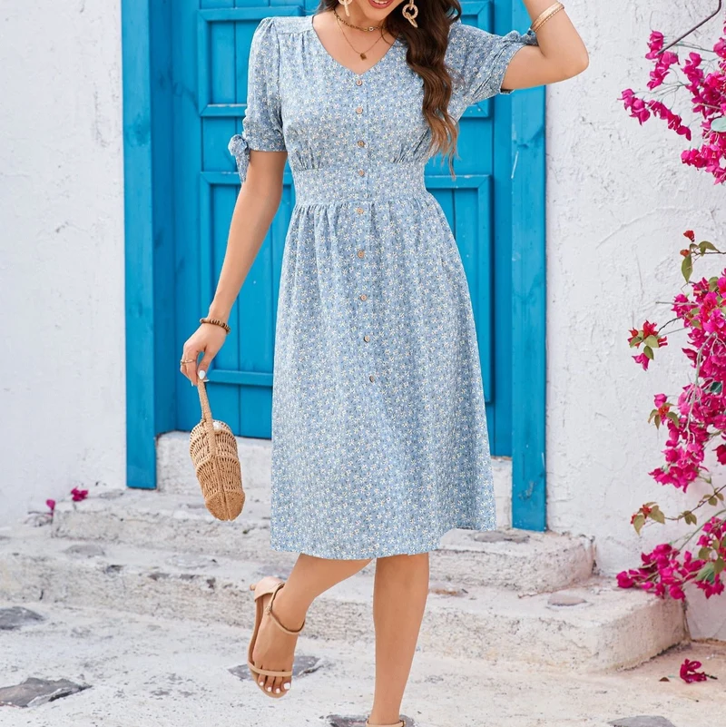Floral V-neck Puff-Sleeve Bow - Image 4