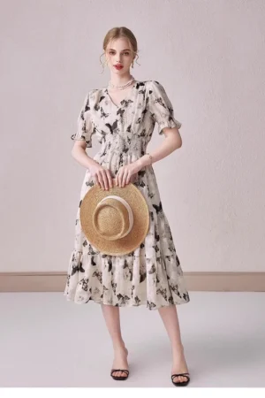 V-neck Puffed-sleeve Floral-print Midi Dress