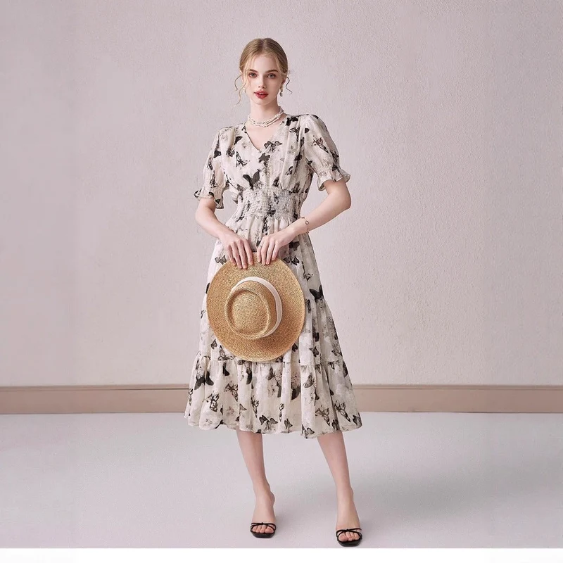 V-neck Puffed-sleeve Floral-print Midi Dress