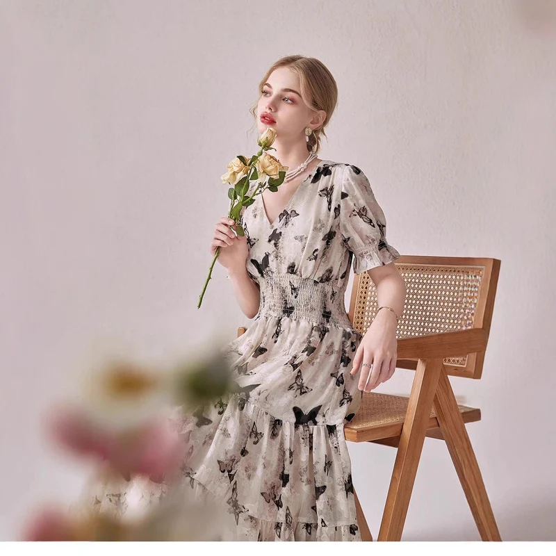 V-neck Puffed-sleeve Floral-print Midi Dress - Image 3