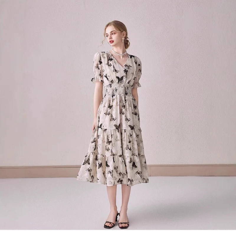 V-neck Puffed-sleeve Floral-print Midi Dress - Image 4