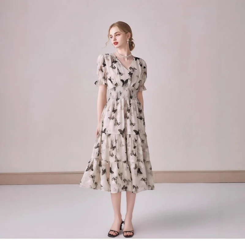 V-neck Puffed-sleeve Floral-print Midi Dress - Image 2